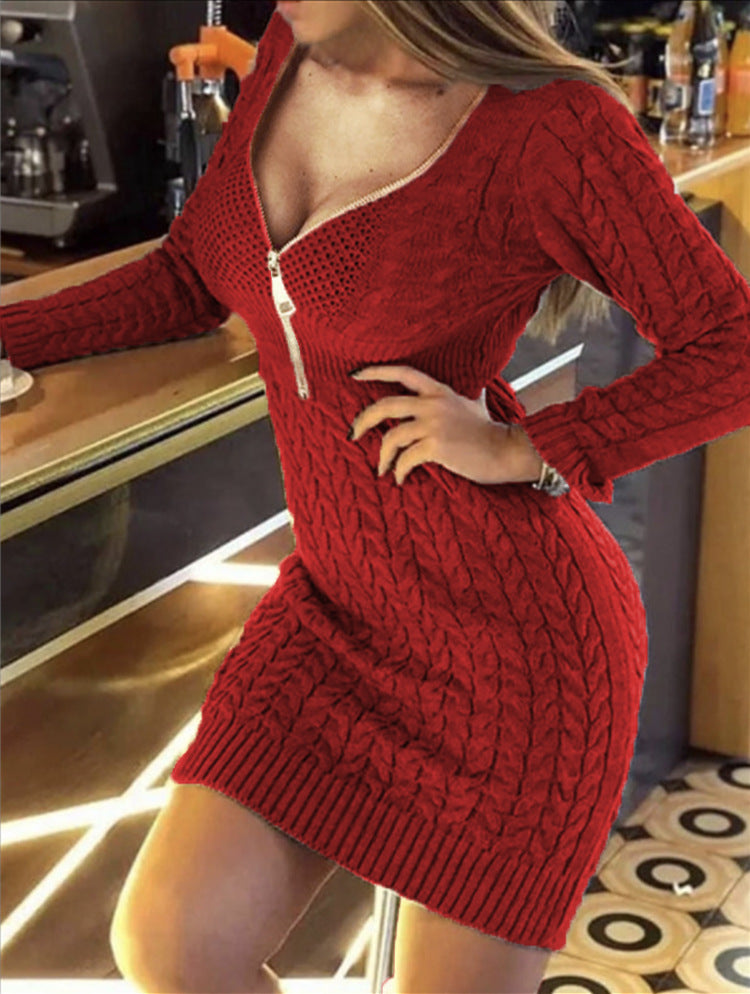 Damen Strickkleid mit hochwertigem Zipperdesign und strukturiertem Rautenmuster EB