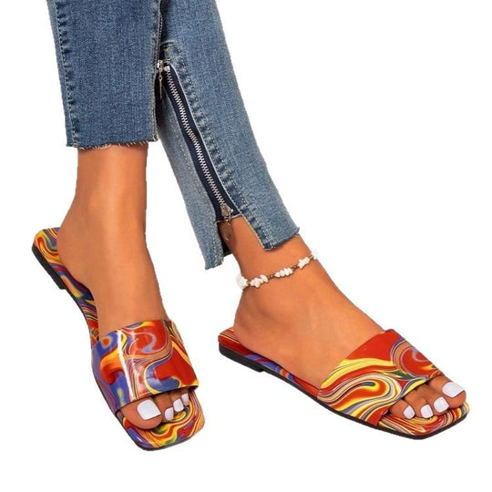 Damen Offene Riemchen-Sandalen mit buntem Marmor-Design EB
