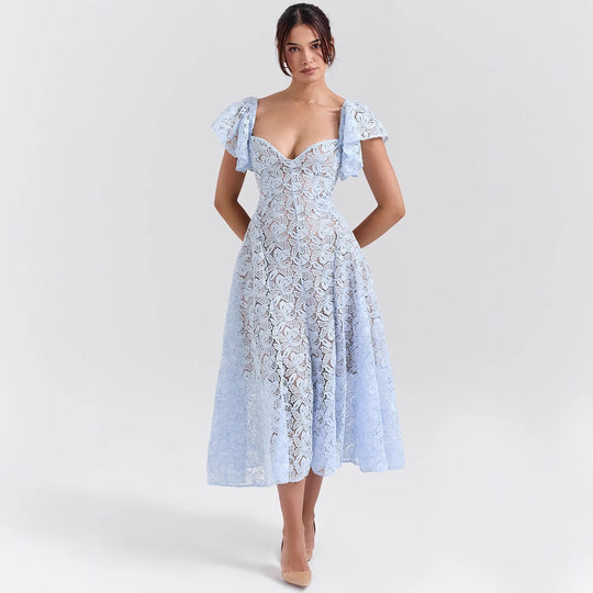 Damen Spitzenkleid mit voluminösen Rüschärmeln und ausgestelltem Rock EB