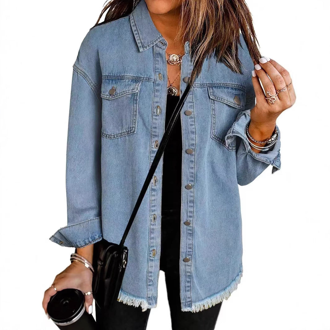 Damen Oversized Jeanshemd mit Fransen EB