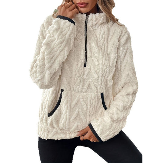 Damen flauschiger Teddy-Pullover mit halbem Reißverschluss und hohen Kragen EB