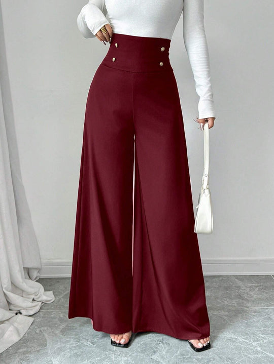 Damen Hochtaillierte Palazzo-Hose mit dekorativen Knöpfen EB
