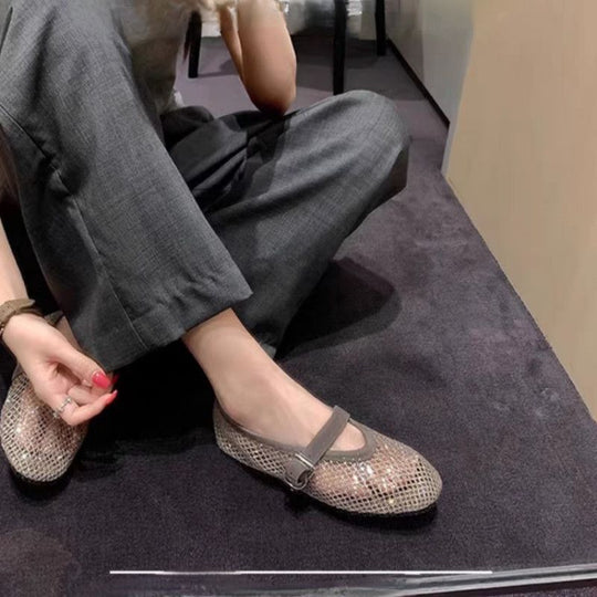Damen Netz-Ballerinas mit dekorativem Riemen EB
