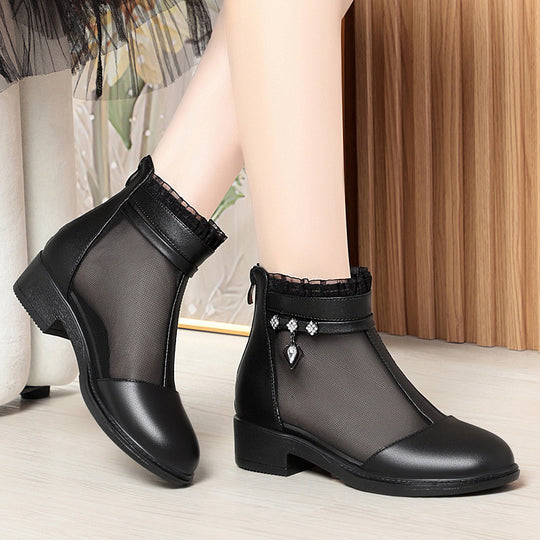 Damen Modische Ankle Boots mit transparentem Mesh-Einsatz und eleganten Schmuckdetails EB