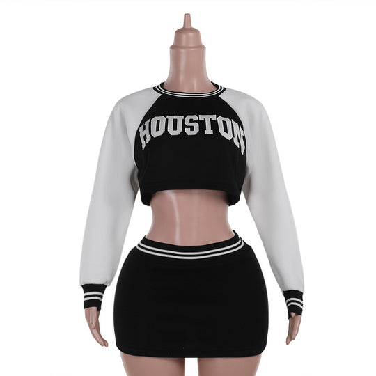 Damen Zweiteiliges Sportives Crop-Sweatshirt- und Minirock-Set mit Raglanärmeln und geripptem Taillenbund EB
