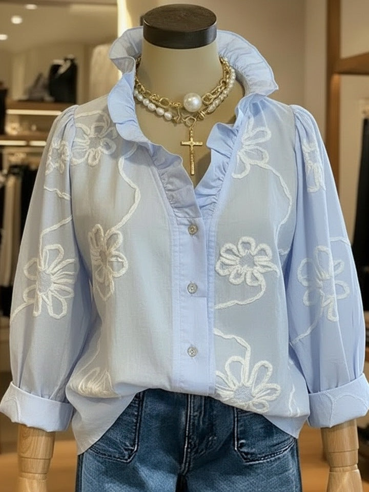 Damen elegante Bluse mit floralen Stickereien und voluminösen Ärmeln EB