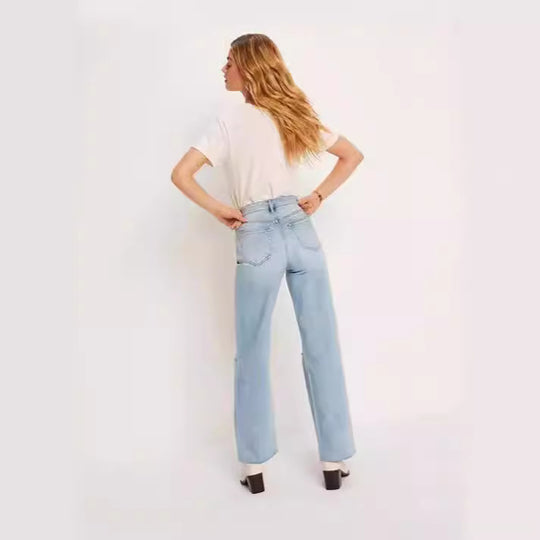 Damen Weit geschnittene High-Waist Jeans mit modischen Destroyed-Details EB