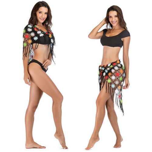 Damen Häkel-Überwurfjacke mit floralen Motiven und Fransen EB