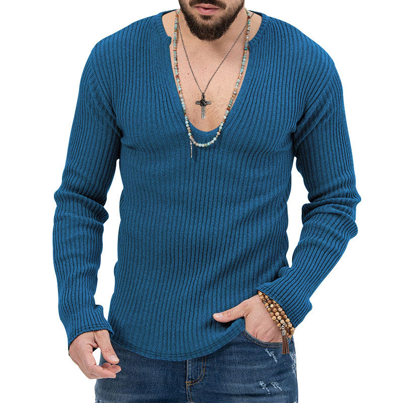 Herren Langarm-Rippenpullover mit tiefem V-Ausschnitt und modernem Schnitt EB