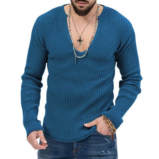 Herren Langarm-Rippenpullover mit tiefem V-Ausschnitt und modernem Schnitt EB