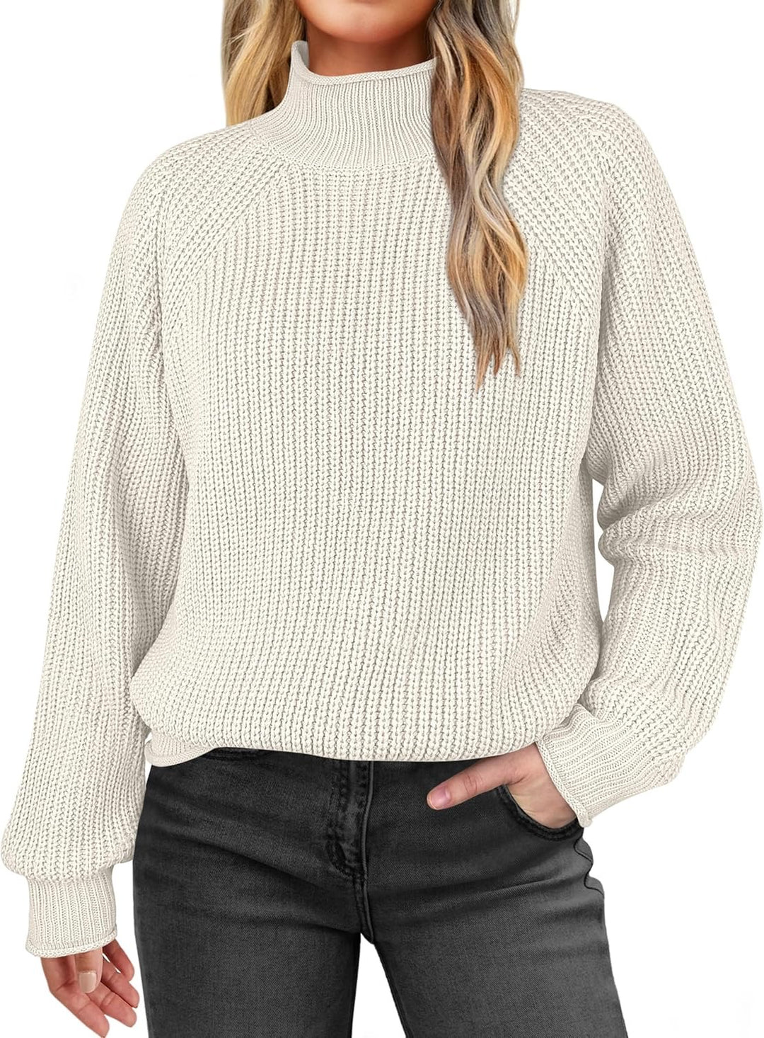 Damen modischer Strickpullover mit hohem Kragen und strukturierter Oberfläche EB