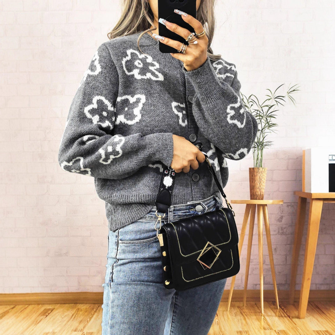 Damen gemütliche Strickjacke mit floralem Muster und Knopfverschluss EB