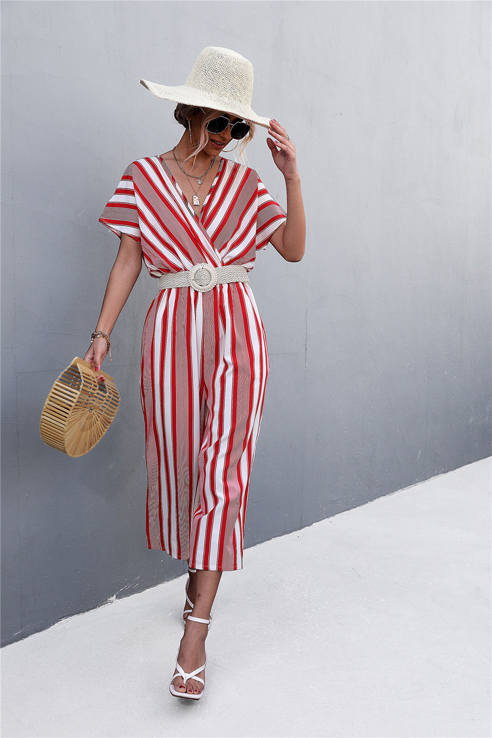 Damen eleganter Jumpsuit mit V-Ausschnitt, breiten Ärmeln und anisstreifendem Design EB