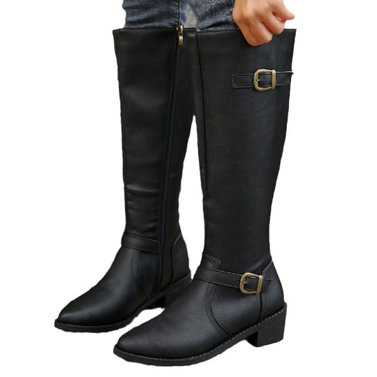 Damen  kniehohe Stiefel in Lederoptik mit seitlichem Reißverschluss und Zierschnalle EB