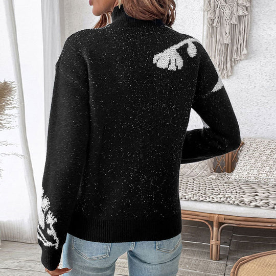 Damen Strickpullover mit floralem Muster und hohem Kragen EB