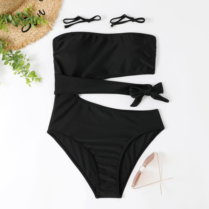 Damen Bandeau Bikini mit asymmetrischem Schnitt und modischem Animal-Print EB