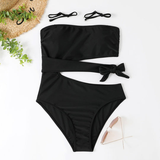 Damen Bandeau Bikini mit asymmetrischem Schnitt und modischem Animal-Print EB