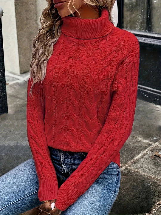 Damen Strickpullover mit hohem Kragen und Zopfmuster EB