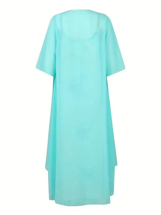Damen festliches Maxikleid mit künstlerischem Marmormuster und elegantem Überwurf EB