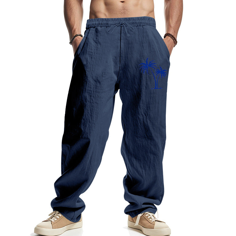 Herren Leichte Leinenoptik-Freizeithose mit elastischem Bund, Kordelzug & Palmen‑Stickerei EB