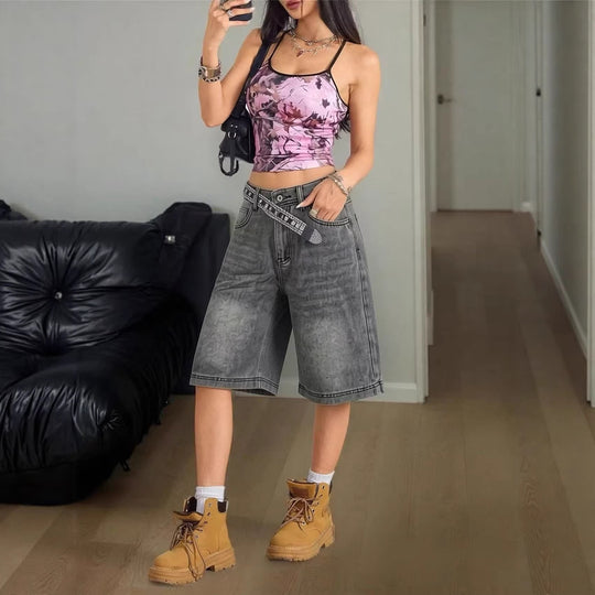 Damen lässige Denim-Shorts mit hohem Bund und weitem Schnitt EB