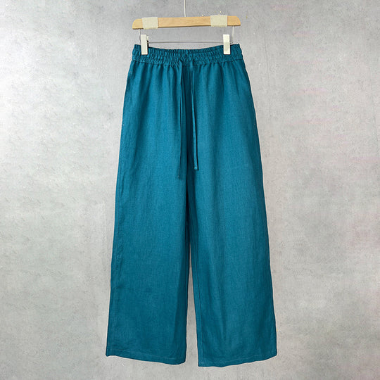 Damen lockere Leinenhose mit elastischem Bund und seitlichen Eingrifftaschen EB