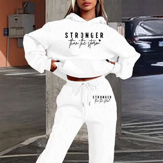 Damen nan Cropped-Hoodie und Jogginghose Set mit Statement-Print, Kängurutasche und elastischem Bund EB