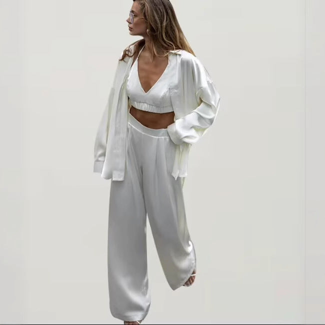 Damen Set aus eleganter Bluse, bequemen Palazzo-Hosen und modischem Bralette EB