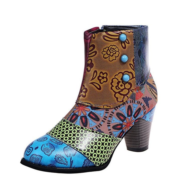 Damen Elegante Stiefeletten mit floralen Mustern und dekorativen Knöpfen EB
