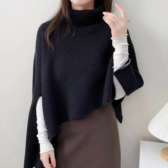 Damen Strickponcho mit hochgeschlossenem Kragen und eleganter Rippstruktur EB
