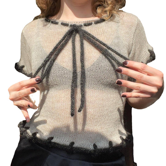 Damen modisches transparentes Strickoberteil mit dekorativen Profilschnüren EB