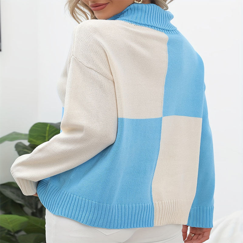 Damen Modischer Pullover im Blockdesign mit hohem Kragen EB