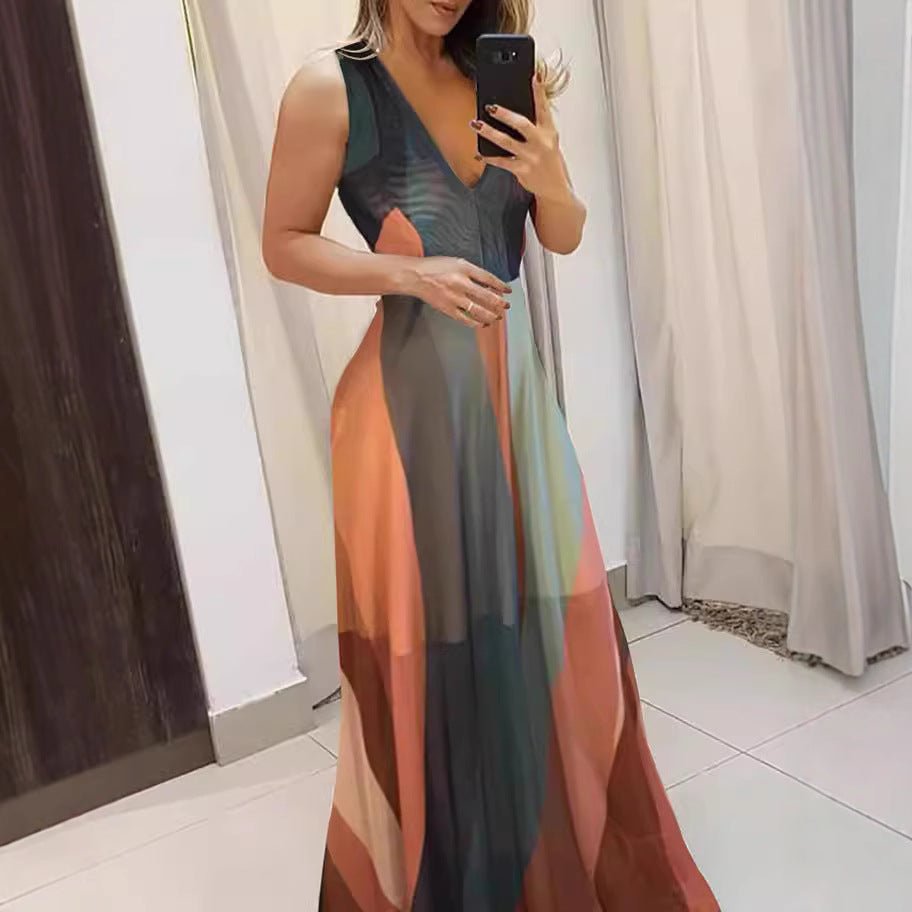 Damen Langes Maxikleid mit tiefem V-Ausschnitt und fließendem Schnitt EB