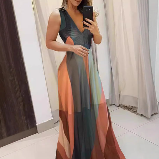 Damen Langes Maxikleid mit tiefem V-Ausschnitt und fließendem Schnitt EB