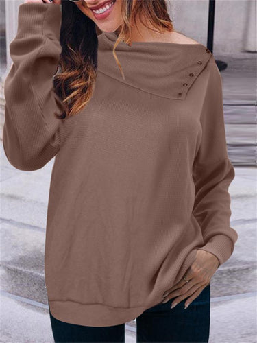 Damen eleganter Oversized Pullover mit asymmetrischem Halsausschnitt und Knopfdetails EB