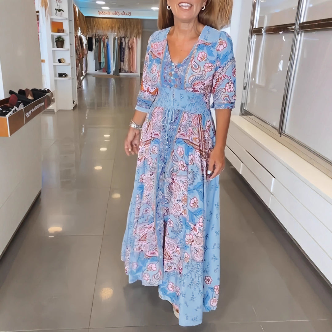 Damen Maxikleid mit floralem Paisleymuster und schmeichelndem V-Ausschnitt EB