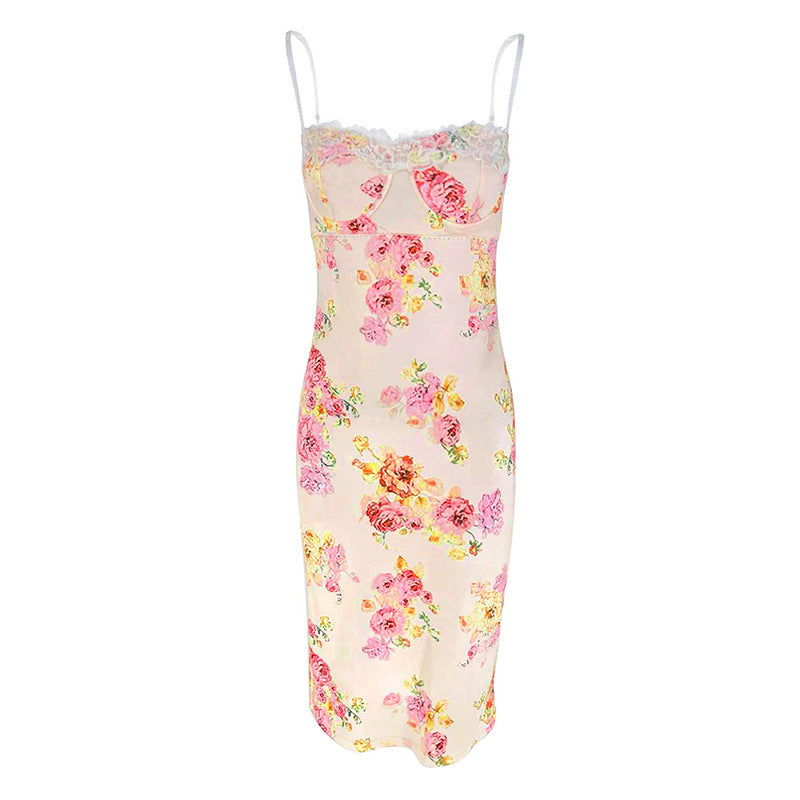 Damen Sommerliches Blumenkleid mit zarter Spitze und Spaghetti-Trägern EB