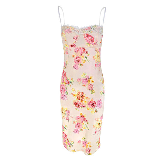Damen Sommerliches Blumenkleid mit zarter Spitze und Spaghetti-Trägern EB
