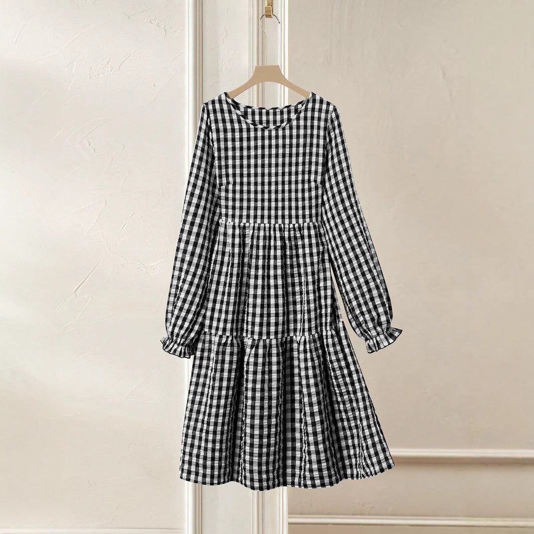 Damen Karomuster Maxikleid mit langem Arm und Rüschendetail EB