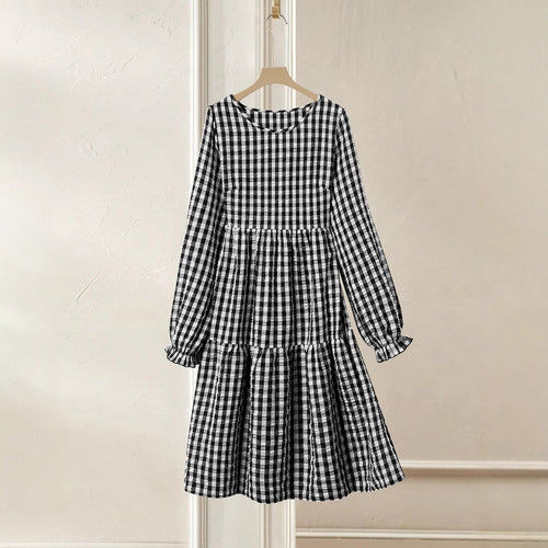 Damen Karomuster Maxikleid mit langem Arm und Rüschendetail EB