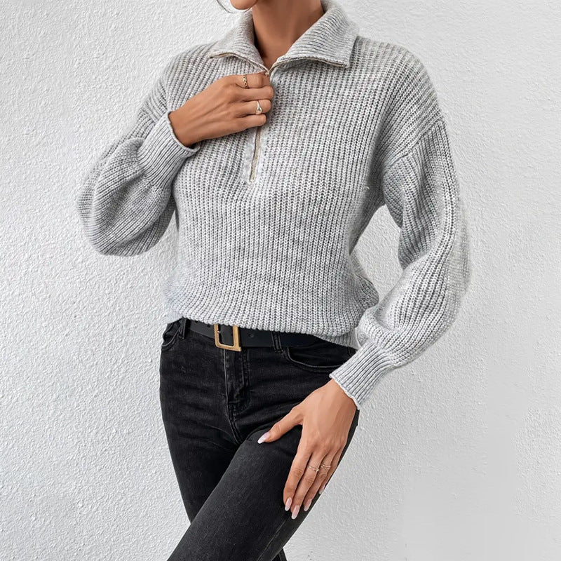 Damen modischer Pullover mit hochgeschlossenem Kragen und Reißverschluss EB