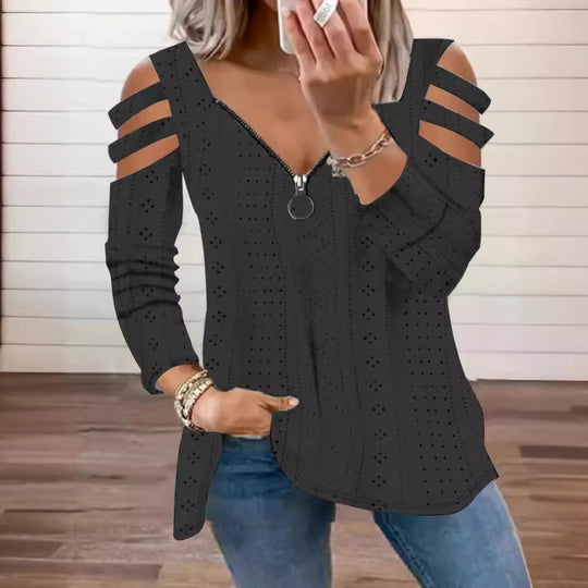 Damen modisches Oberteil mit Cut-Out-Ärmeln und tiefem V-Ausschnitt EB
