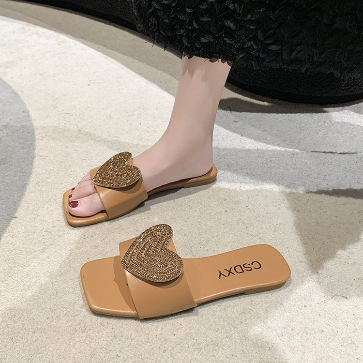 Damen elegante Slipper mit Herz-Applikation und funkelnden Strasssteinen EB