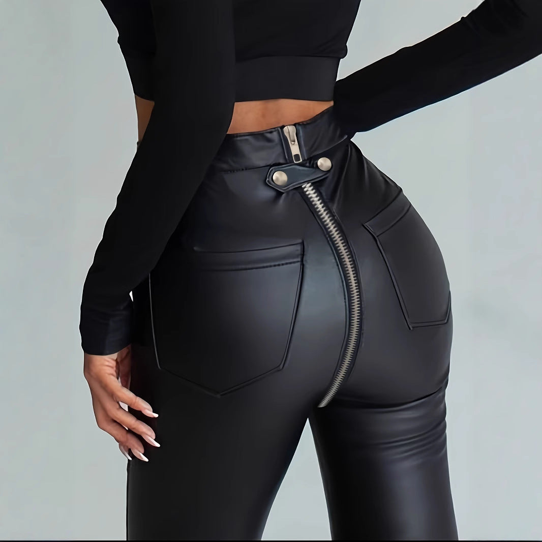 Damen Modische Kunstlederleggings mit Reißverschluss und Taillierung EB