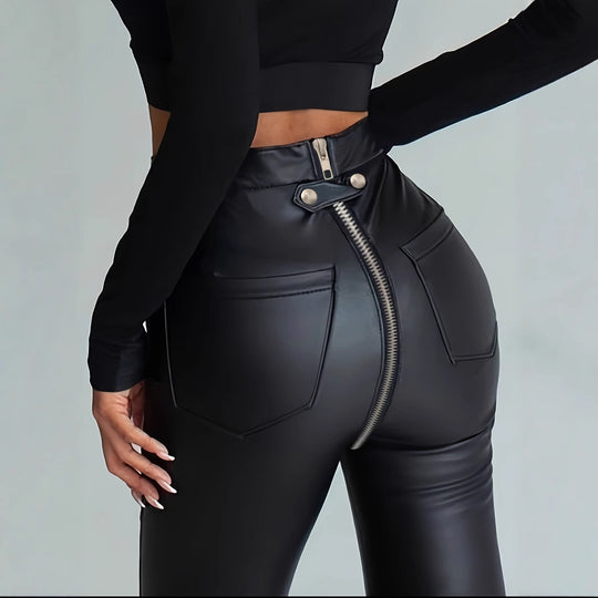 Damen Modische Kunstlederleggings mit Reißverschluss und Taillierung EB