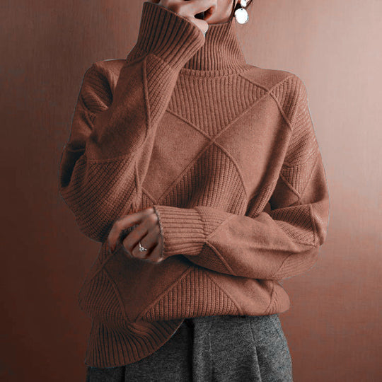 Damen nan weit geschnittener Strickpullover mit hohem Rollkragen und Rautenmuster EB