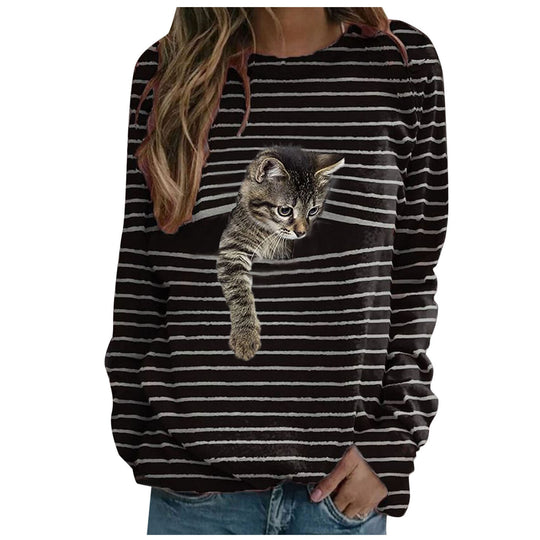Damen nan lässiger Streifenpullover mit fotorealistischer Katzentasche und Rundhalsausschnitt EB