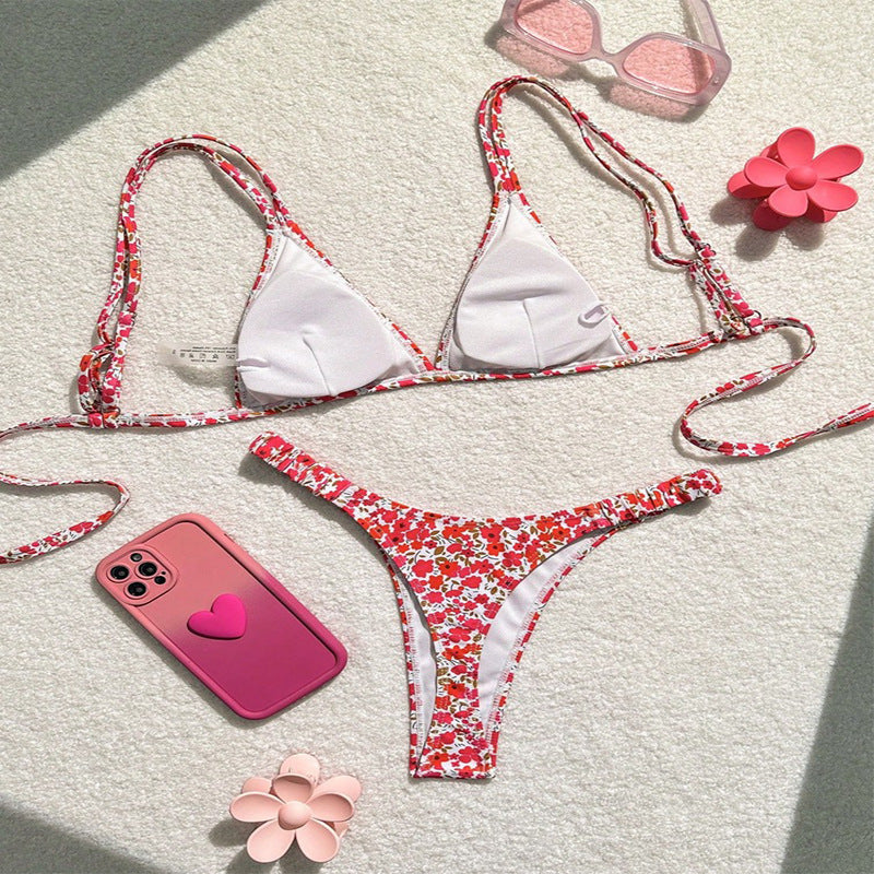 Damen Triangel-Bikini mit floralem Design und feinen Bindebändern EB