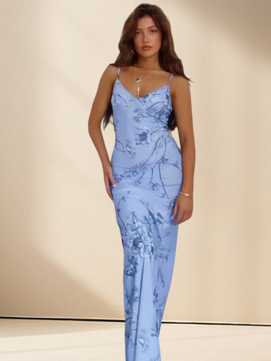 Damen Elegantes Maxikleid mit feinem floralem Design und Spaghettiträgern EB