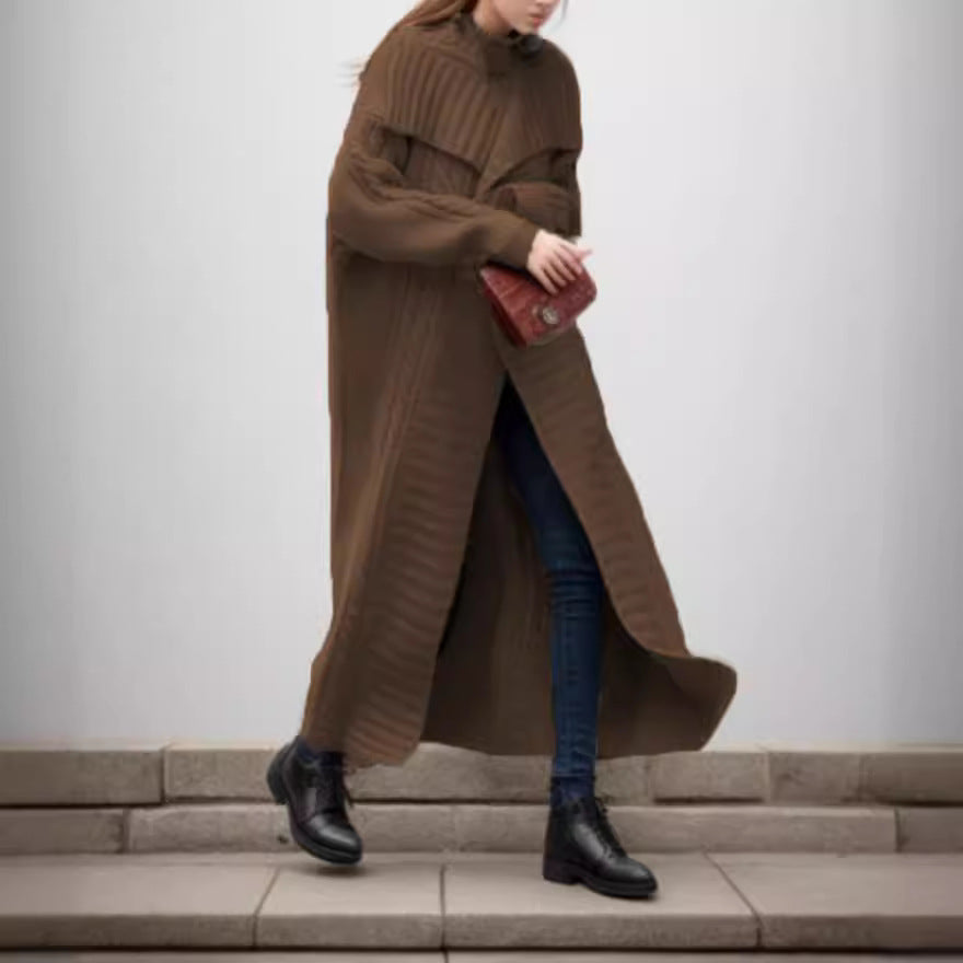 Damen Oversized Strickmantel mit voluminösen Ärmeln und elegantem Revers EB